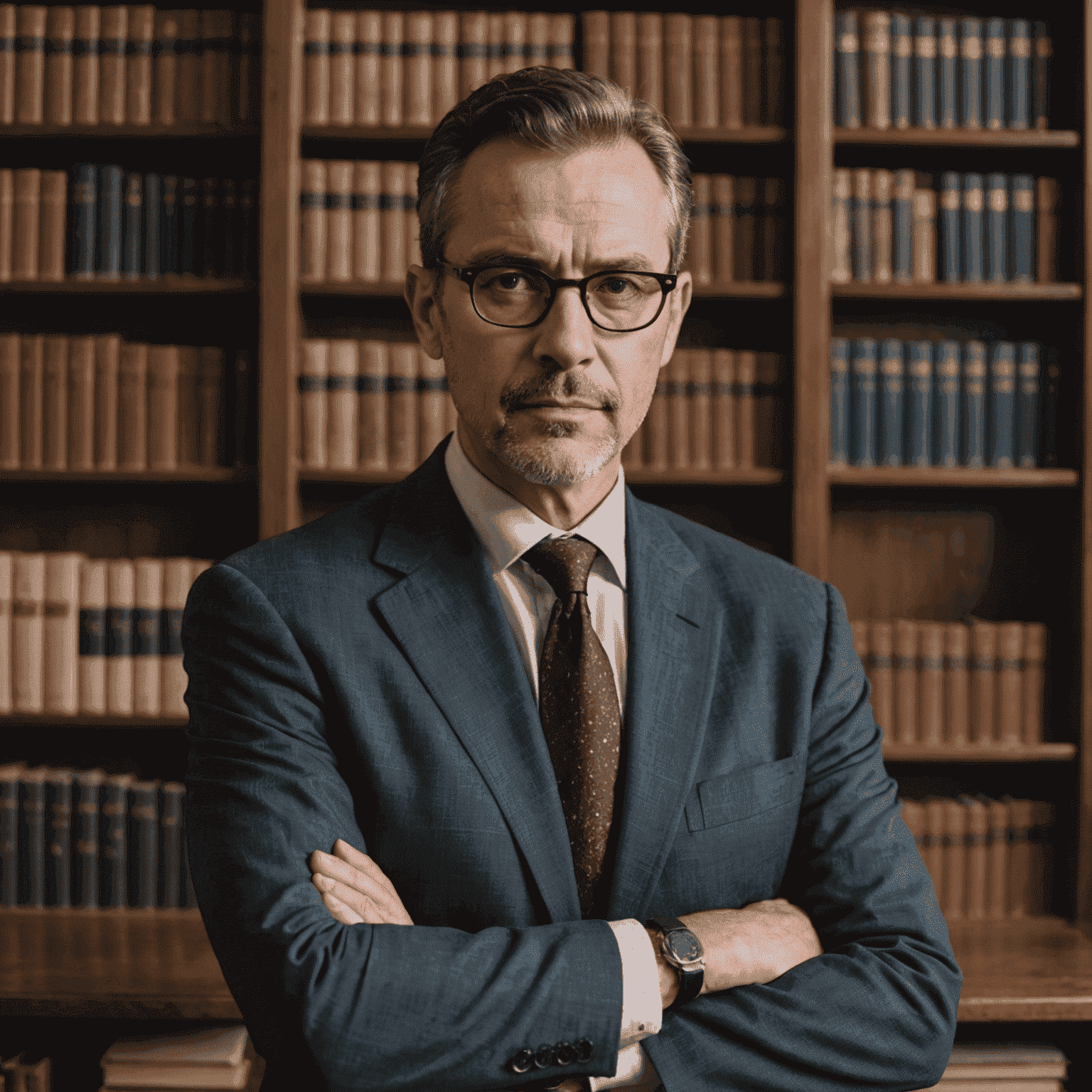 A portrait of the author, a middle-aged person with glasses and a serious expression, wearing a formal suit. They are standing in front of a bookshelf filled with political science and history books.