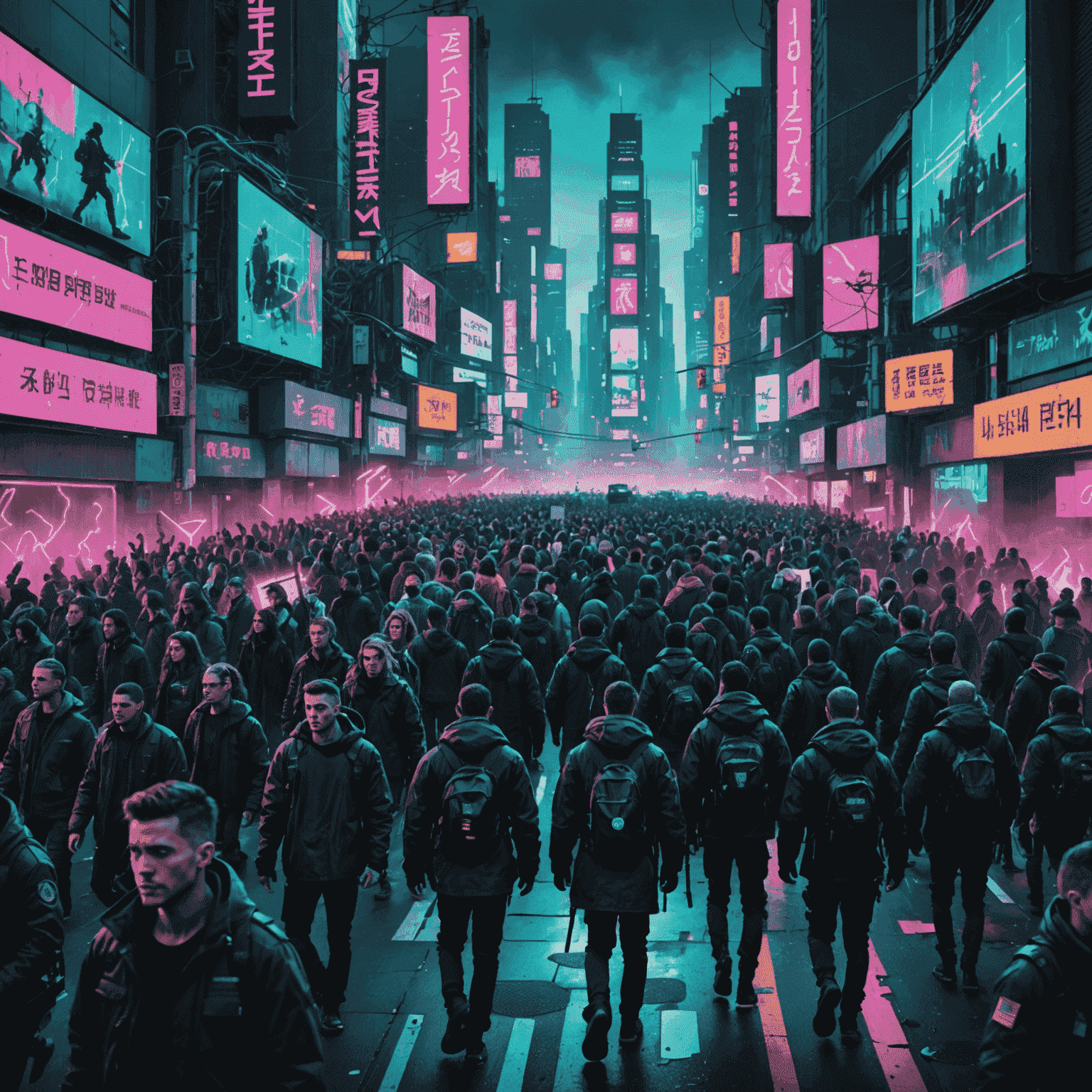 An image depicting a crowd of protesters with neon-colored signs, marching through a cyberpunk-inspired cityscape. The scene is overlaid with a glitch effect and scan lines to emphasize the theme of violent mobility in politics.