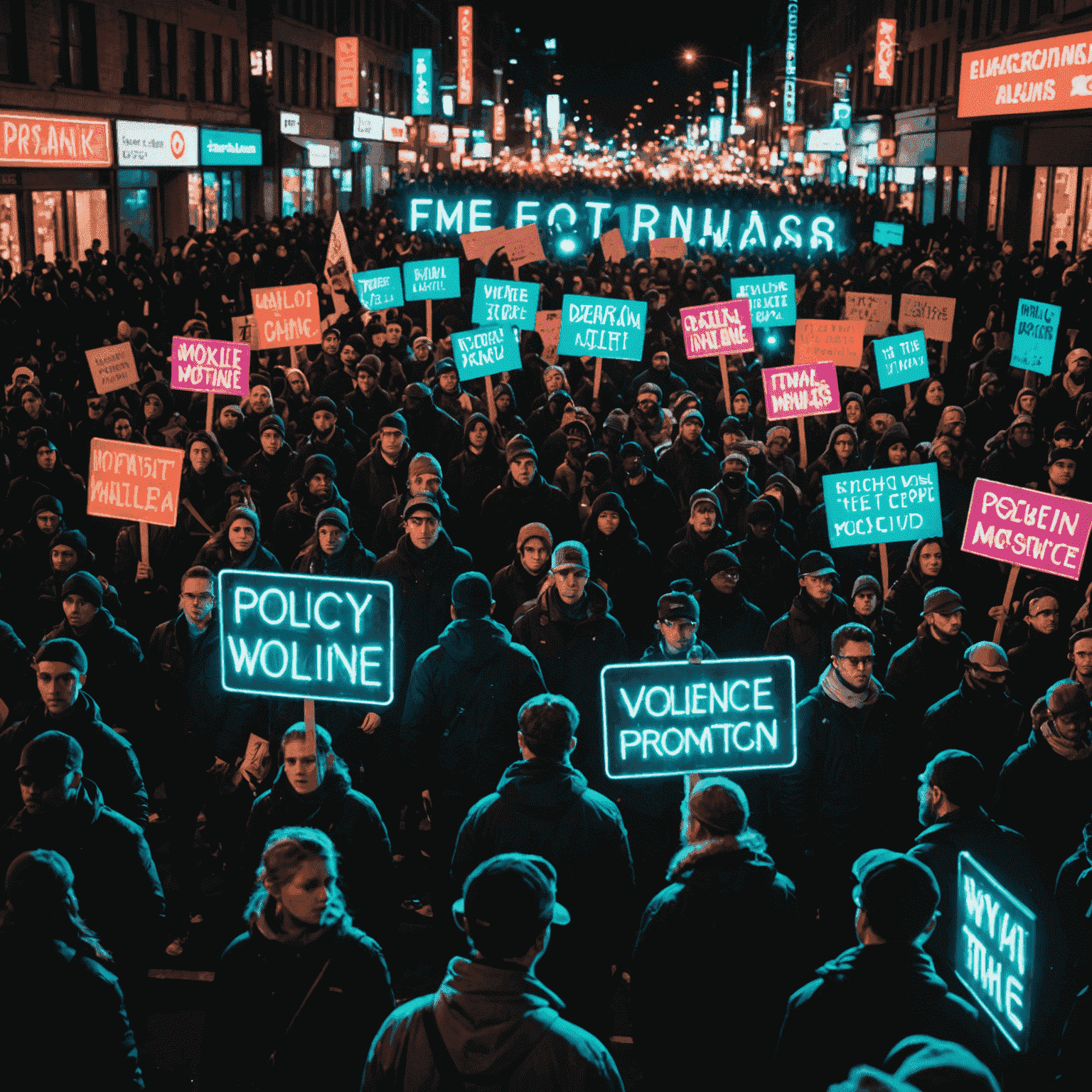 An image depicting a crowd of protesters with neon-lit signs, showcasing the intersection of violence and mobility in political movements