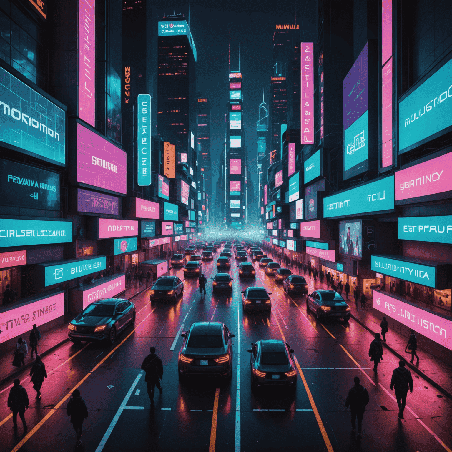 A futuristic cityscape with neon-lit streets, showing protesters wielding digital signs and moving through the city, symbolizing the mobility of modern political movements