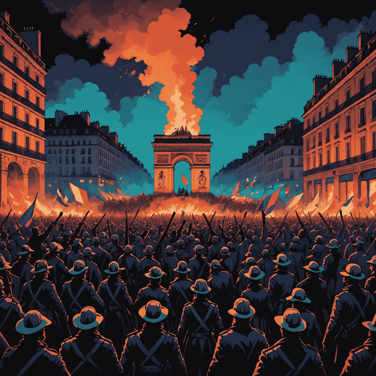 A dramatic scene from the French Revolution, showing a crowd storming the Bastille. The image is stylized with neon outlines and a retro-futuristic aesthetic, emphasizing the violent mobility of the revolutionaries.