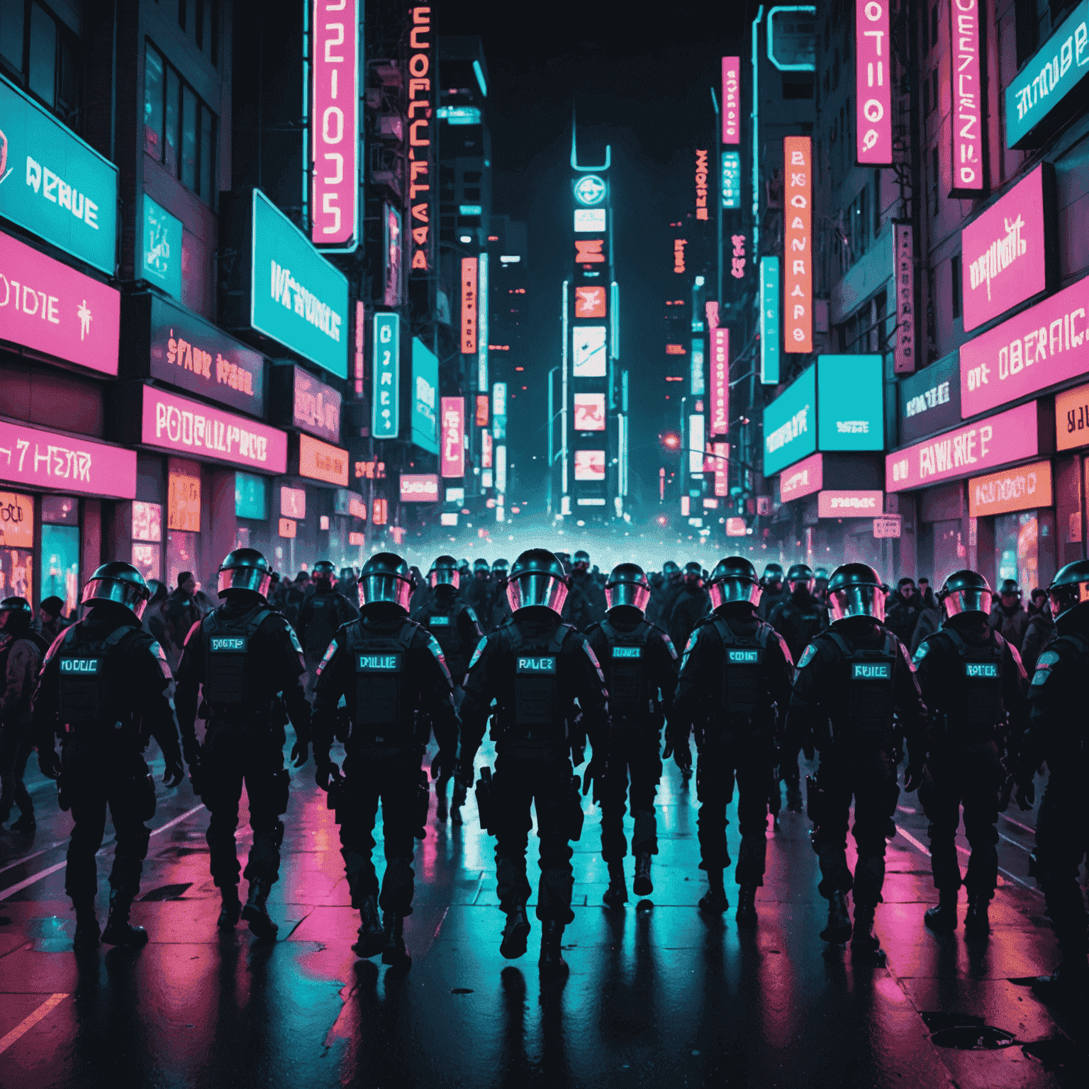 A futuristic cityscape with neon-lit protesters marching through streets, some wielding glowing signs while others engage in confrontations with robotic police forces. The scene is overlaid with a subtle VHS static effect.