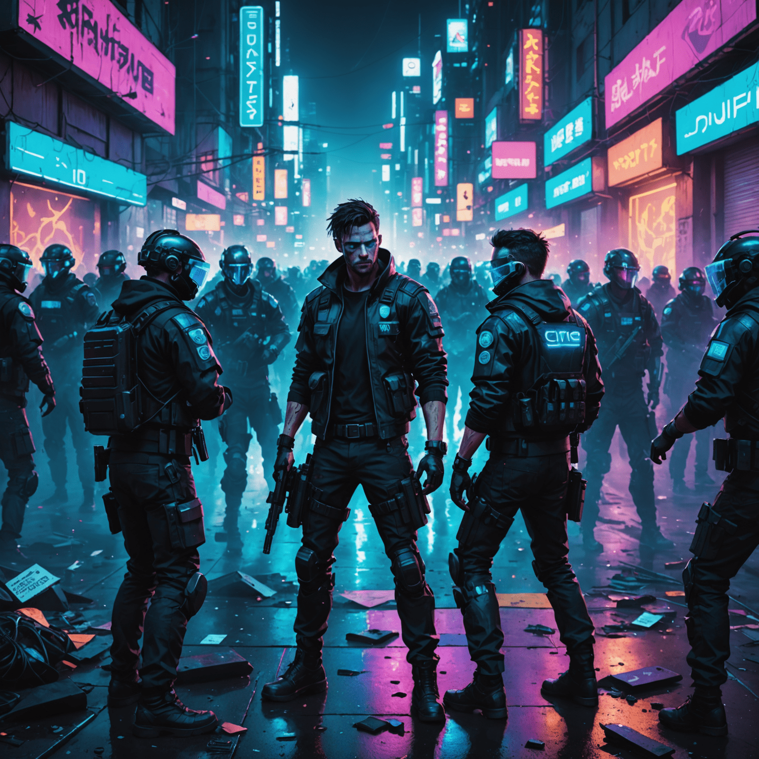 A stylized image depicting a clash between protesters and authorities, with neon-lit cityscapes in the background. The scene is rendered in a cyberpunk style with glitch effects and electric blue highlights.