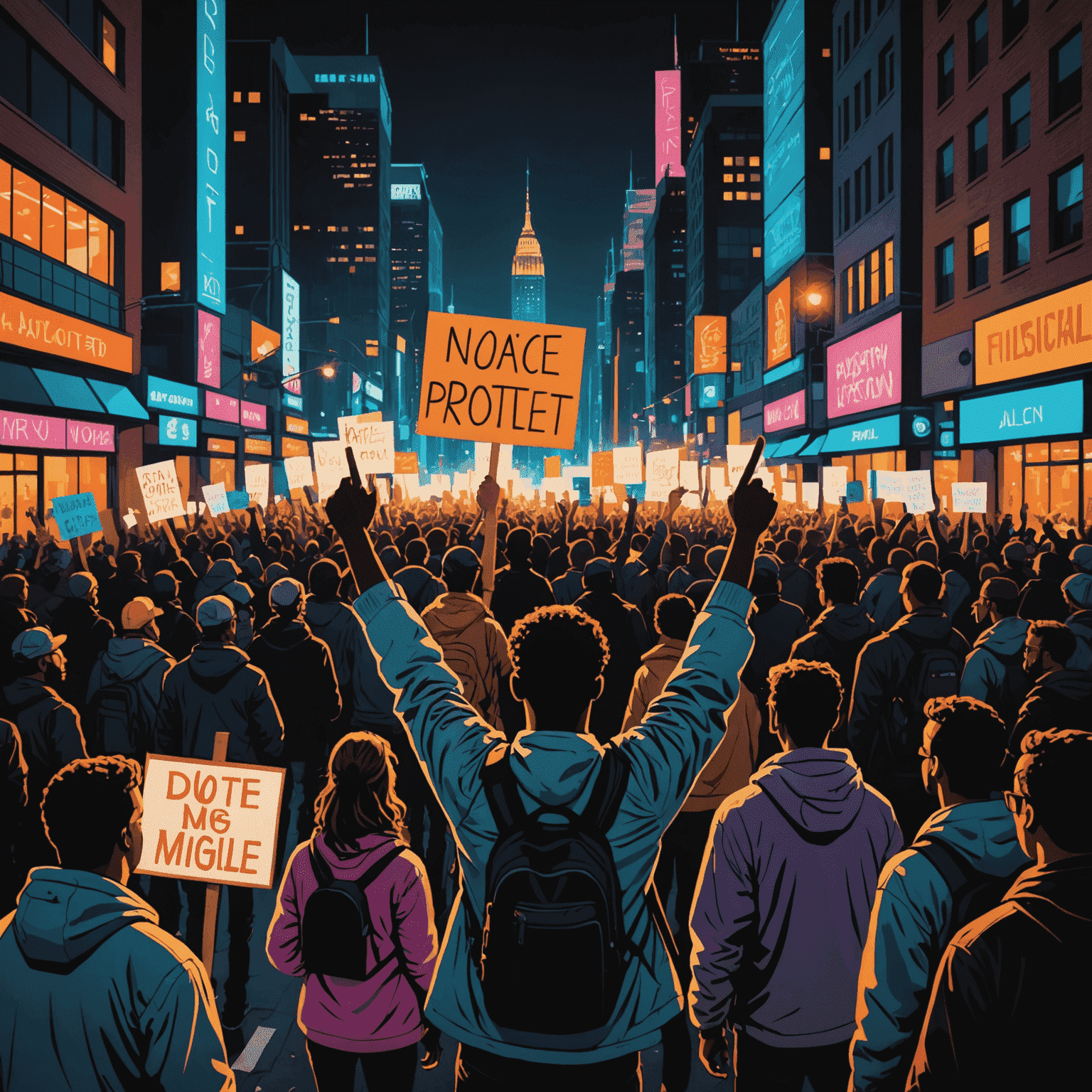 A stylized image depicting a peaceful protest with people holding signs, set against a neon-lit cityscape. The protesters are diverse and united, symbolizing non-violent political mobilization.