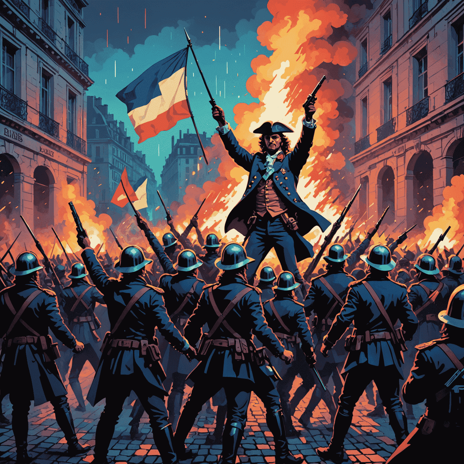 A retro-futuristic depiction of the French Revolution, featuring pixelated figures storming the Bastille. The image is styled with neon outlines and a VHS tracking effect to blend historical content with the cyberpunk aesthetic.