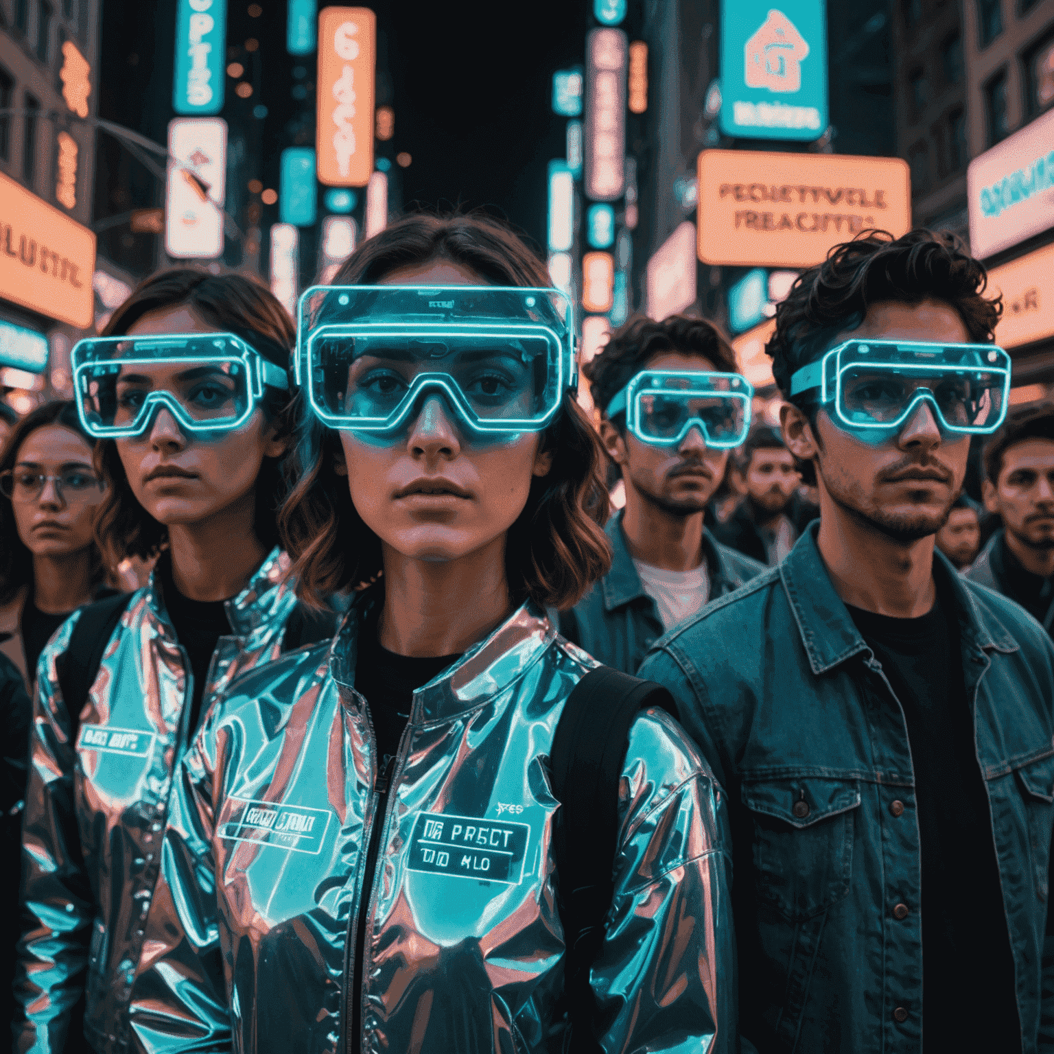 A group of protesters using holographic signs and augmented reality glasses to coordinate their movements. The image is stylized with a retro-futuristic aesthetic, featuring neon outlines and pixelated elements.