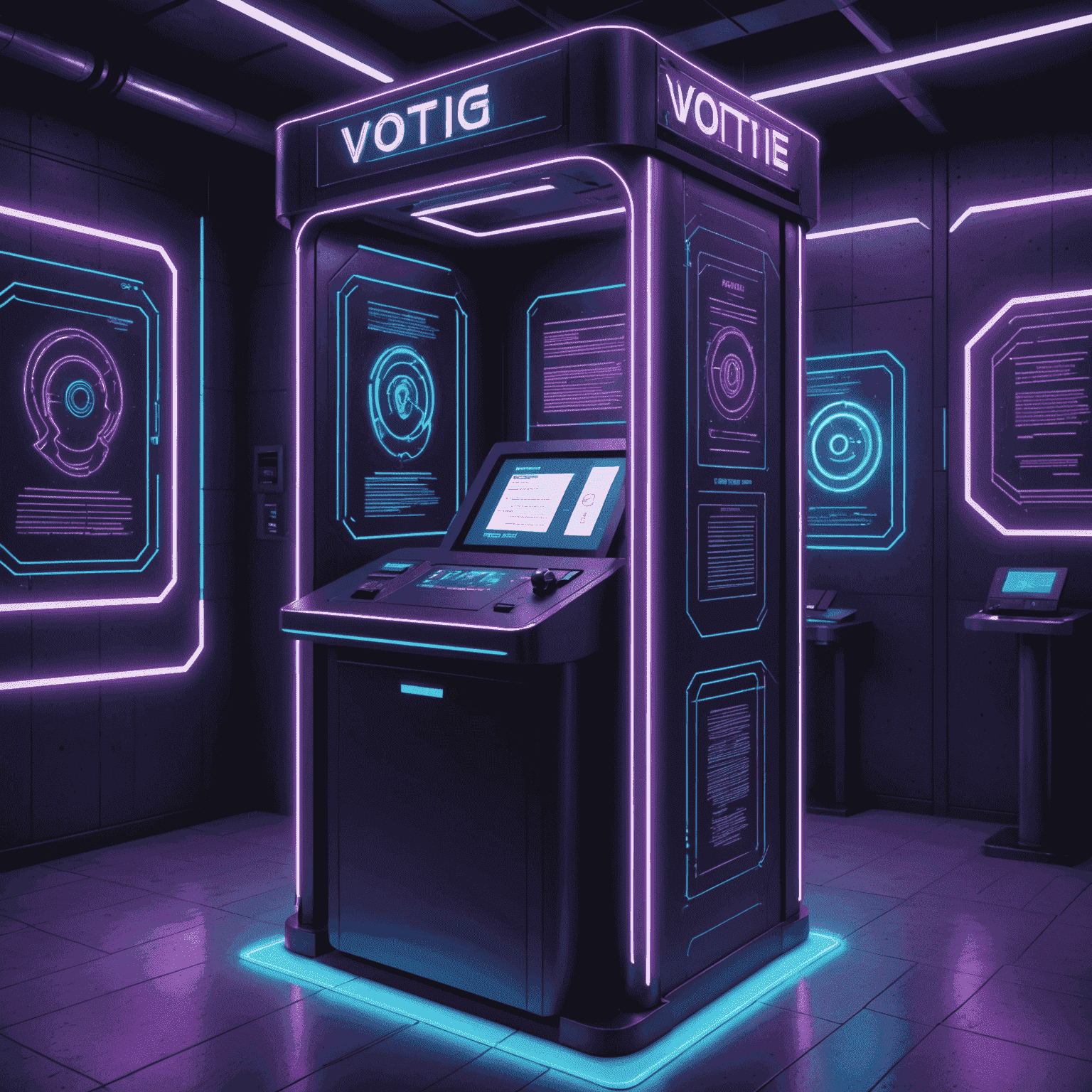 A futuristic voting booth with holographic displays showing policy impacts and leadership analysis. The scene is rendered in a retro-cyberpunk style with neon purple and electric blue accents.