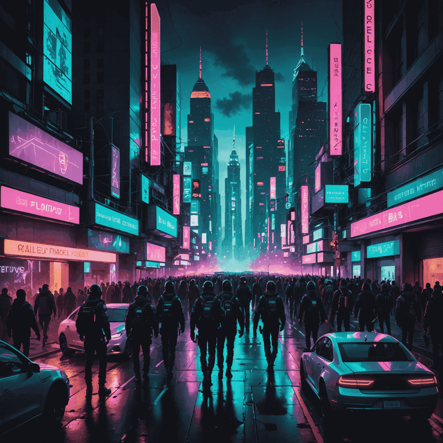 A futuristic cityscape with neon-lit protesters using advanced technology to mobilize, representing modern violent mobility in politics