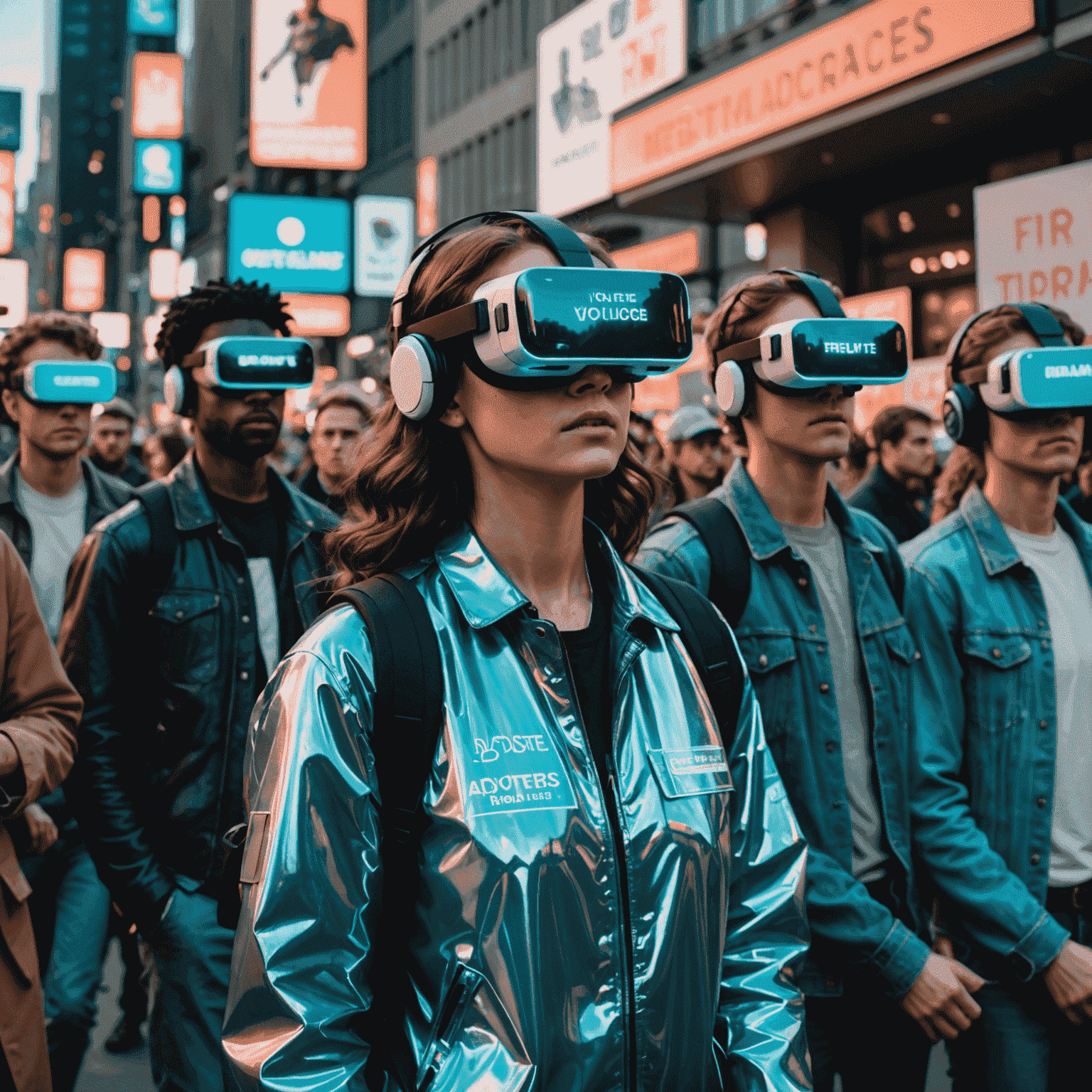 A retro-futuristic image of peaceful protesters using holographic signs and virtual reality to advocate for change, illustrating alternatives to violent mobility